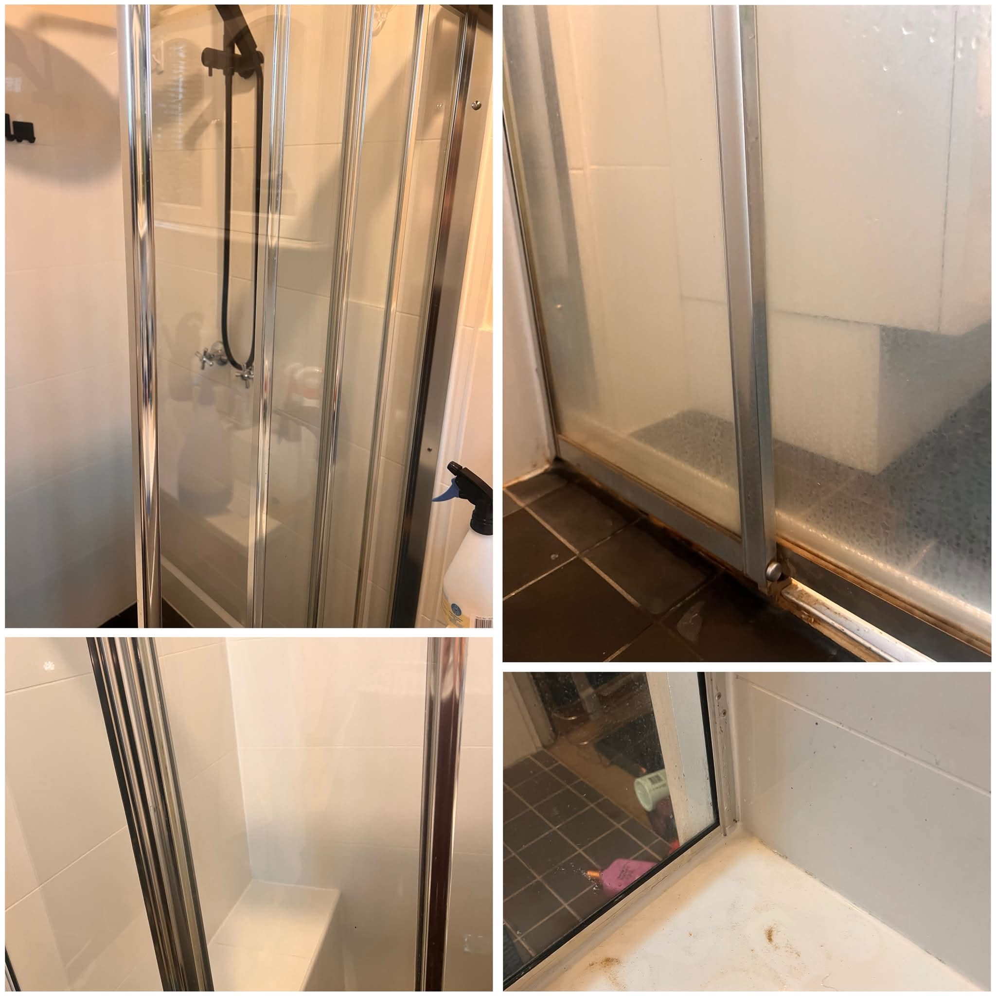 Before-and-after collage of a cleaned shower enclosure